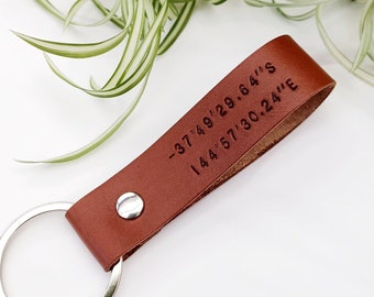 Personalized Coordinate Leather Keychain - Custom Latitude Longitude Key Fob - Third Anniversary Gift for Him - Long Distance Boyfriend Gift
