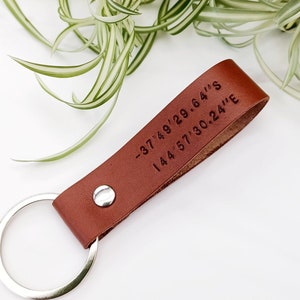 Personalized Coordinate Leather Keychain - Custom Latitude Longitude Key Fob - Third Anniversary Gift for Him - Long Distance Boyfriend Gift