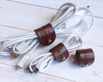 Personalized Cord Organizer - Leather Wire Organizer - Cable Keeper - Anniversary gift for him men dad teacher boyfriend (Set of 3)