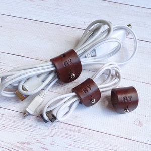 Personalized Cord Organizer - Leather Wire Organizer - Cable Keeper - Anniversary gift for him men dad teacher boyfriend (Set of 3)