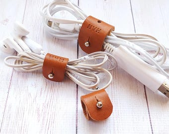 Personalised Leather Cord Organiser -  Wire Organizer - Earphones Holder - Gifts under 30 Anniversary gifts for him men boyfriend (Set of 3)