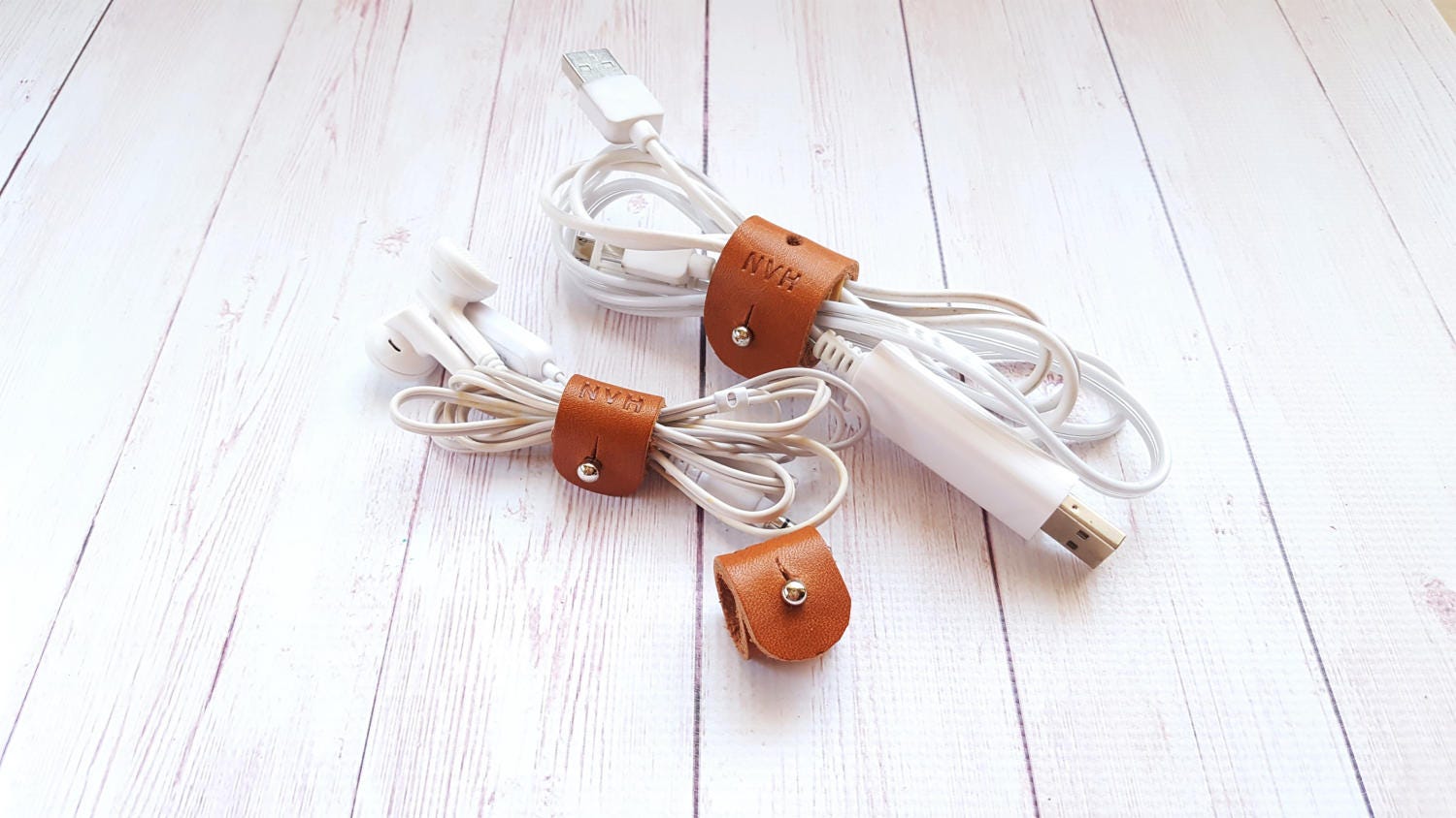 Personalised Leather Cord Organiser -  Wire Organizer - Earphones Hol…