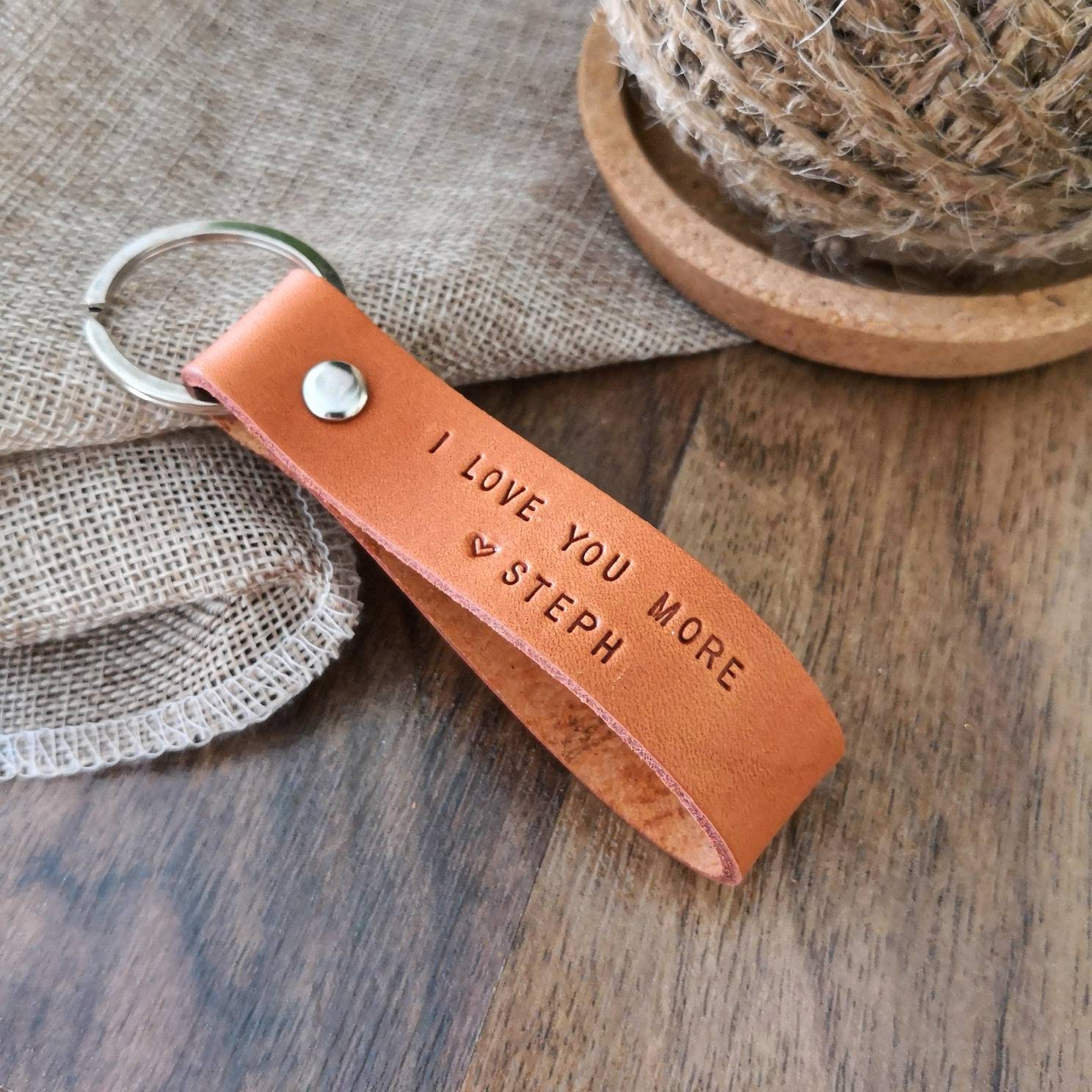 I Love You More Leather Keychain - Personalized Leather keyring - Ann…