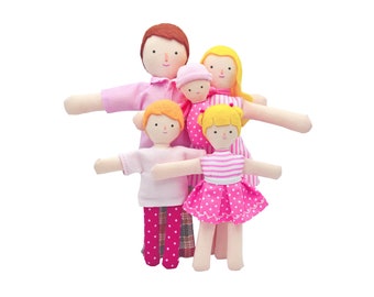 Pink Family of five dolls. Handmade doll family - Dollhouse dolls