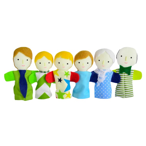 Family of six finger puppets with light skin color.