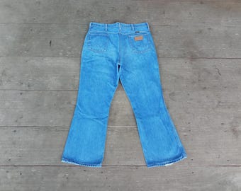 Vintage 70s Wrangler Bell Bottom Jeans: Faded Denim, Made in USA, W36 L29.5