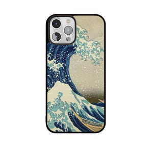 May include: A black phone case featuring a classic Japanese woodblock print of a large ocean wave with a white-capped crest. The design includes shades of blue, white, and beige, with a black border around the case.