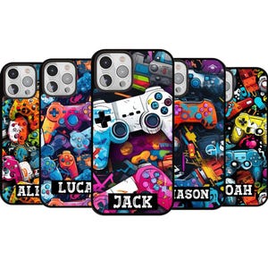 May include: Five phone cases with vibrant, graffiti-style designs of video game controllers. Each case has a black border and a different name: ALI, LUCA, JACK, JASON, and NOAH. The cases are for a mobile phone.