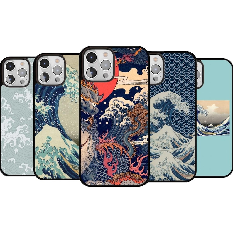 May include: A collection of phone cases featuring Japanese-inspired art. Designs include stylized waves, a dragon, and a red sun. The cases have black borders and are in various shades of blue, beige, and red.