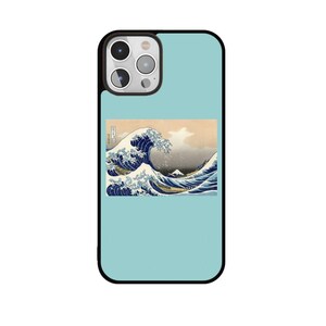 May include: A light blue phone case with a black border. The case features a print of Hokusai's "The Great Wave off Kanagawa." The artwork depicts a large wave with a mountain in the background. The phone case has a camera cutout.