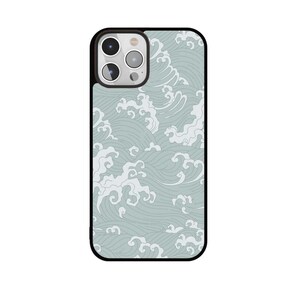 May include: A smartphone case with a black border and a light blue and white wave pattern. The case has a camera cutout on the upper left side. The wave design is a repeating pattern of stylized ocean waves.