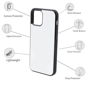 May include: A white phone case with a black border. The case features camera protection, a hybrid structure, and is lightweight. Additional features include shock resistance, tactile buttons, screen protection, and drop protection.