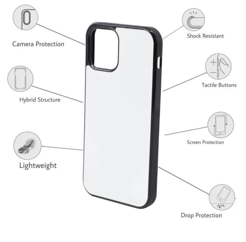 May include: A white phone case with a black border. The case features camera protection, a hybrid structure, and is lightweight. Additional features include shock resistance, tactile buttons, screen protection, and drop protection.