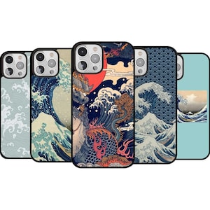 May include: A selection of phone cases with Japanese art designs. The cases showcase different images, such as stylized waves, a dragon with a red sun, and other traditional patterns. The colour scheme includes blues, whites, and reds.