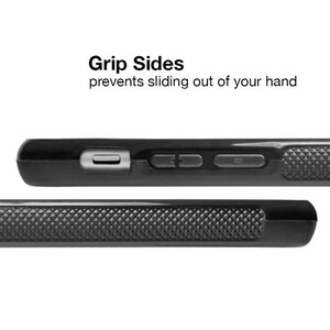 May include: Close-up of a black phone case with textured grip sides. The case has a diamond pattern on the sides for enhanced grip and features buttons and a port for easy access. The text "Grip Sides prevents sliding out of your hand" is visible.