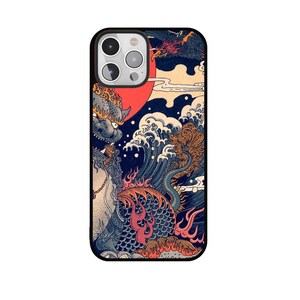 May include: Black phone case featuring a Japanese-inspired design. The artwork depicts a dragon, waves, and a red sun. The case has a black border and a glossy finish, offering protection and style.