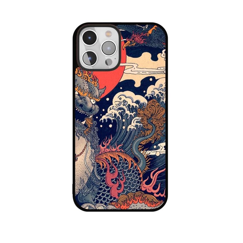May include: Black phone case featuring a Japanese-inspired design. The artwork depicts a dragon, waves, and a red sun. The case has a black border and a glossy finish, offering protection and style.