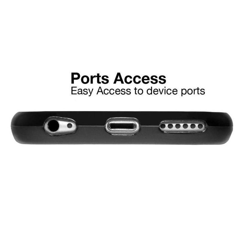 May include: A black phone case with cutouts for ports. The image shows a headphone jack, charging port, and speaker holes. The text "Ports Access" and "Easy Access to device ports" is displayed above the case.