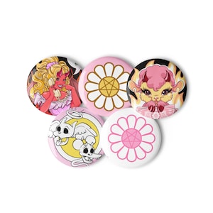 May include: Five 1-inch button pins with various designs. One pin features a pink and white daisy with a pentagram in the center. Another pin features a pink and white daisy with a pentagram in the center. Another pin features a pink and white daisy with a pentagram in the center. Another pin features a pink and white daisy with a pentagram in the center. Another pin features a pink and white daisy with a pentagram in the center.