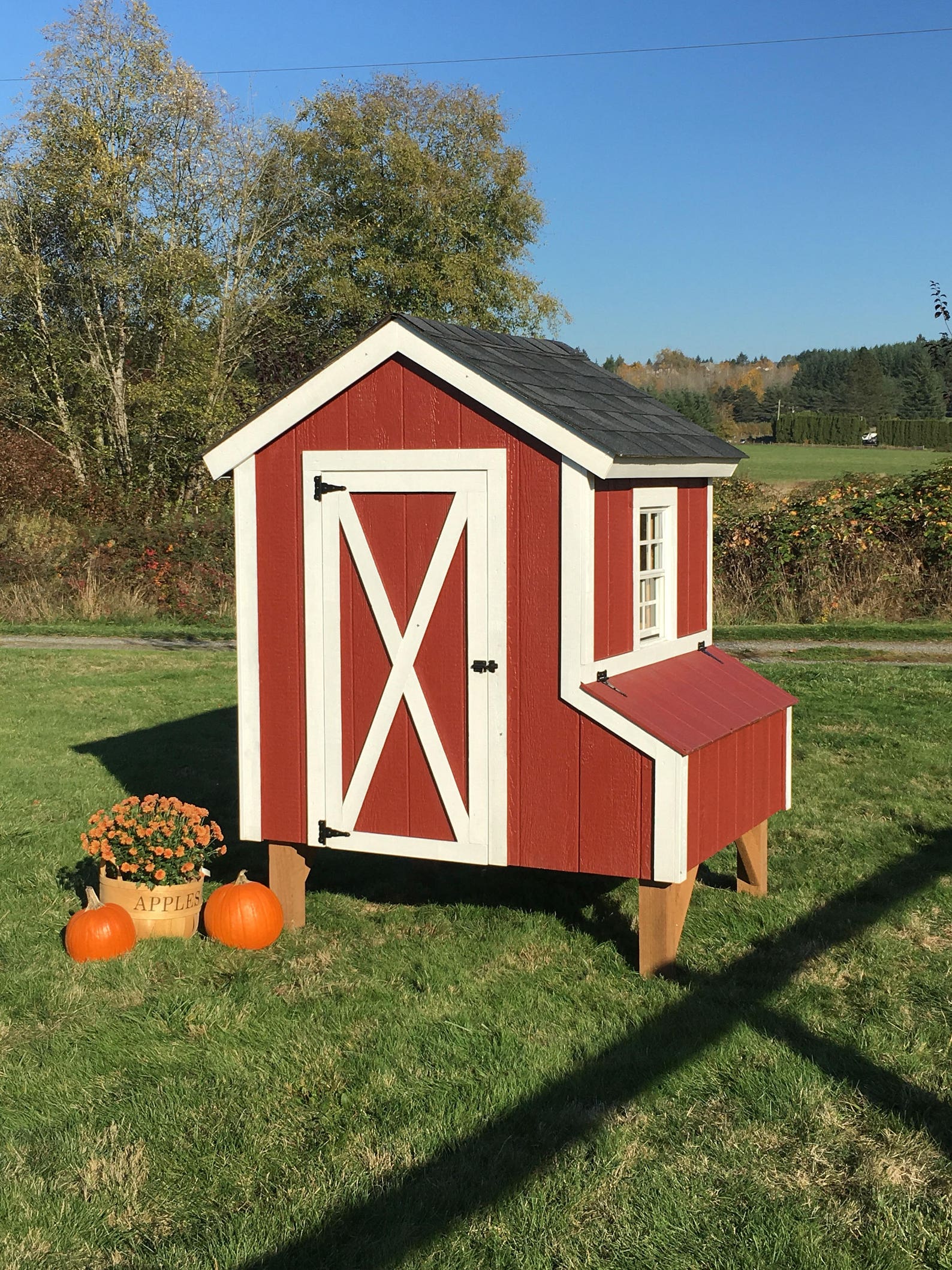 small red and white barn style chicken coop 