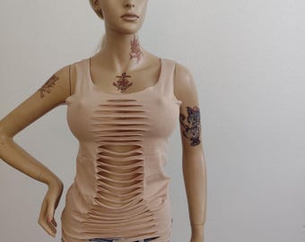 Purple cut up , shredded t-shirt. ..