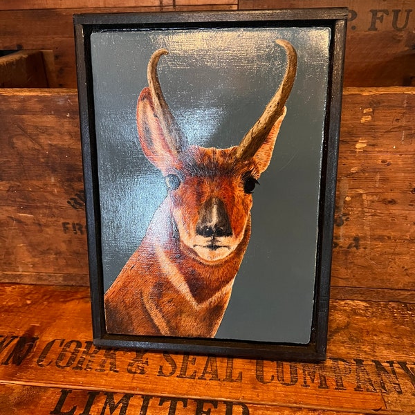 c.1990 Acrylic On Wood Board Painting NORTH AMERICAN PRONGHORN James Montagano
