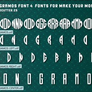 Puede incluir: Cuatro estilos de fuente diferentes para crear monogramas. Las fuentes se muestran en un círculo, alineadas a la izquierda, a la derecha y centradas. El texto "MONOGRAMOS FONT 4 FONTS FOR MAKE YOUR MONOGRAM BY WOODCUTTER.ES" está en la parte superior de la imagen.