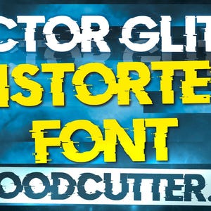 May include: A digital font called "Doctor Glitch Distorted Font" in a yellow and white color scheme with a blue and white background. The text "woodcutter.es" is at the bottom of the image.