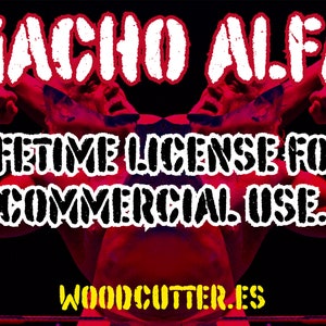 Puede incluir: Un diseño gráfico rojo y negro con el texto "MACHO ALFA" en letras blancas. El texto "LIFETIME LICENSE FOR COMMERCIAL USE." está en letras negras. El texto "WOODCUTTER.ES" está en letras amarillas.