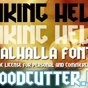 Op de afbeelding: Een zwart-wit grafisch ontwerp lettertype genaamd "Viking Hell Valhalla Font" met een levenslange licentie voor persoonlijk en commercieel gebruik. Het lettertype is vet en blokkerig met scherpe randen. De tekst "WOODCUTTER.ES" is in blauw en wit.