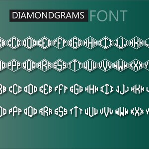 Puede incluir: Un alfabeto de fuente blanca con las letras A a la Z en forma de diamante. Las letras est&aacute;n en negrita, sin serif. El fondo es de color verde azulado s&oacute;lido. El texto "DIAMONDGRAMS FONT" est&aacute; en la parte superior de la imagen.
