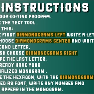 Puede incluir: Fondo verde con instrucciones en texto blanco sobre c&oacute;mo crear un monograma utilizando un programa de edici&oacute;n de texto. Las instrucciones mencionan el uso de "Diamondgrams Left", "Diamondgrams Center" y "Diamondgrams Right" para crear un monograma.