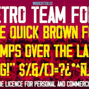 May include: A retro-style font design with a distressed, textured look. The text reads "RETRO TEAM FONT" in large letters, followed by "THE QUICK BROWN FOX JUMPS OVER THE LAZY DOG!" in smaller letters. The text is set against a pink background and is surrounded by a group of people wearing yellow and red uniforms.