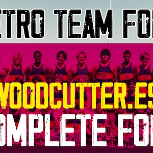 May include: A group of men wearing blue and orange tank tops with the word "WOODCUTTER.ES" in yellow letters and the text "RETRO TEAM FONT COMPLETE FONT" in black letters.