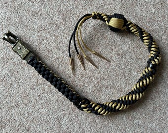 Old Skool Motorcycle Biker Get Back Whip 30” Black Gold Twist * Spikes and Monkey Fist* Harley Custom GBW Lanyard