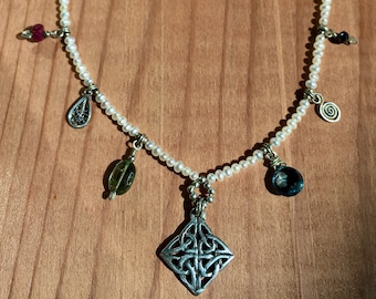 Sterling Silver Celtic Knot Pearl Necklace with Gemstone Charms