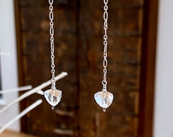Fully Faceted AAA Grade Clear Quartz Pyramid Shaped Drop Earrings with Sterling Silver