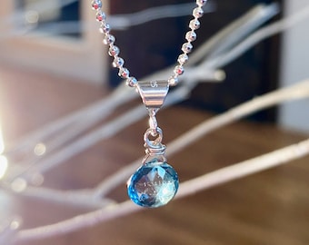 AAA London Blue Topaz Pendant: Sterling Silver Briolette Necklace