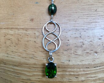 Chrome Diopside Pearl Celtic Knot Inspired Pendant with Sterling Silver and Argentium Silver