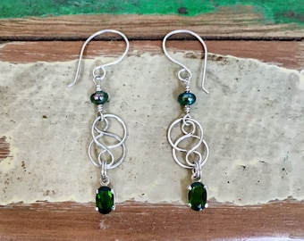 Chrome Diopside Argentium Silver and Sterling Silver Celtic Knot Inspired Triple Drop Earrings