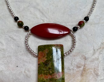 Unakite, Red Jasper, Black Onyx Sterling Silver Double Pendant Necklace