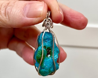 Freeform Stabilized Turquoise Pendant Set in Argentium Silver Wire
