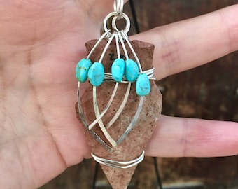 One of a Kind Native American Chert Arrowhead with Turquoise and Argentium Silver Pendant Necklace