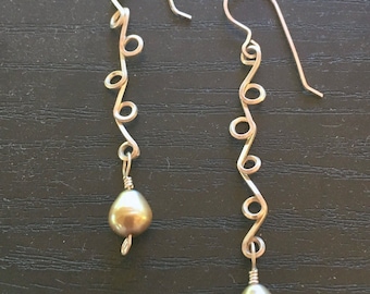 Golden Hued Fresh Water Teardrop Pearl with Argentium Silver Trellis Components and Ear Wires