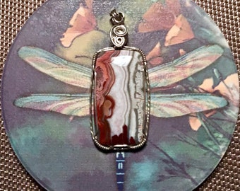Laguna Lace Agate Argentium Silver Pendant: Handmade Rectangular Cabochon