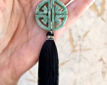 Ching Hai Jade Shou Pendant: Nephrite Green Jade & Black Tassel