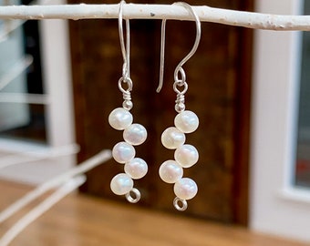 White Fresh Water Pearl "Branch or Twig Style" Drop Earrings with Argentium Silver Wire