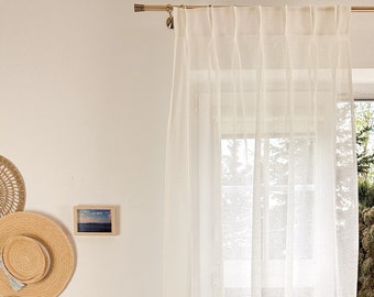 White Linen Sheer Curtain - with Double Pinch Pleats - Suitable for Rings and Hooks