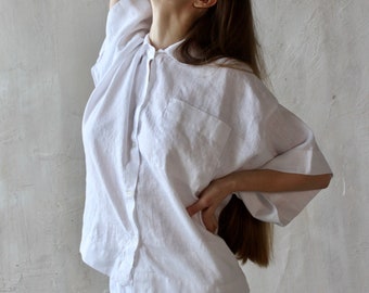 Softened Linen Women's Loungewear - Pajama Set Shorts and Three Quarter Sleeve Shirt - White and Natural Colors