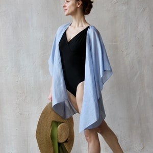 Blue Linen Gauze Kimono Romantic Beachwear Light Summer Vacation Outfit Swimwear Cover-up image 2